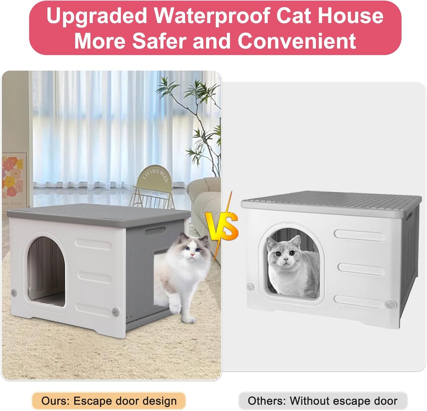 Rockever Plastic Cat House Outdoor with Escape Door, Waterproof Feral Cat House Outdoor Indoor, Sturdy Cat House for Outdoor Cats, Assemble Easily-Grey