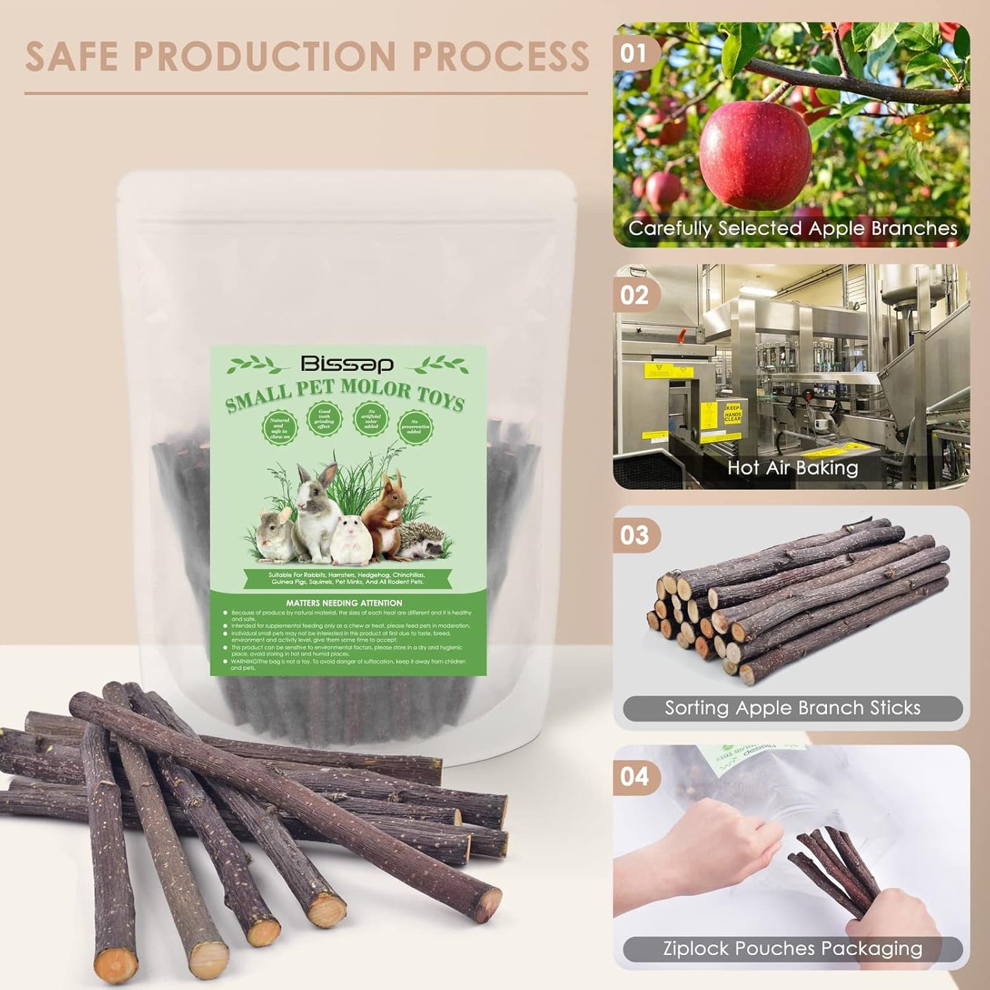 Bissap 120g/4.2oz Apple Sticks for Rabbits, Natural Bunny Chew Toys and Treats for Chinchilla Guinea Pig Hamster Gerbil Small Animals Pet Apple Wood Stick Toys Teeth Grinding