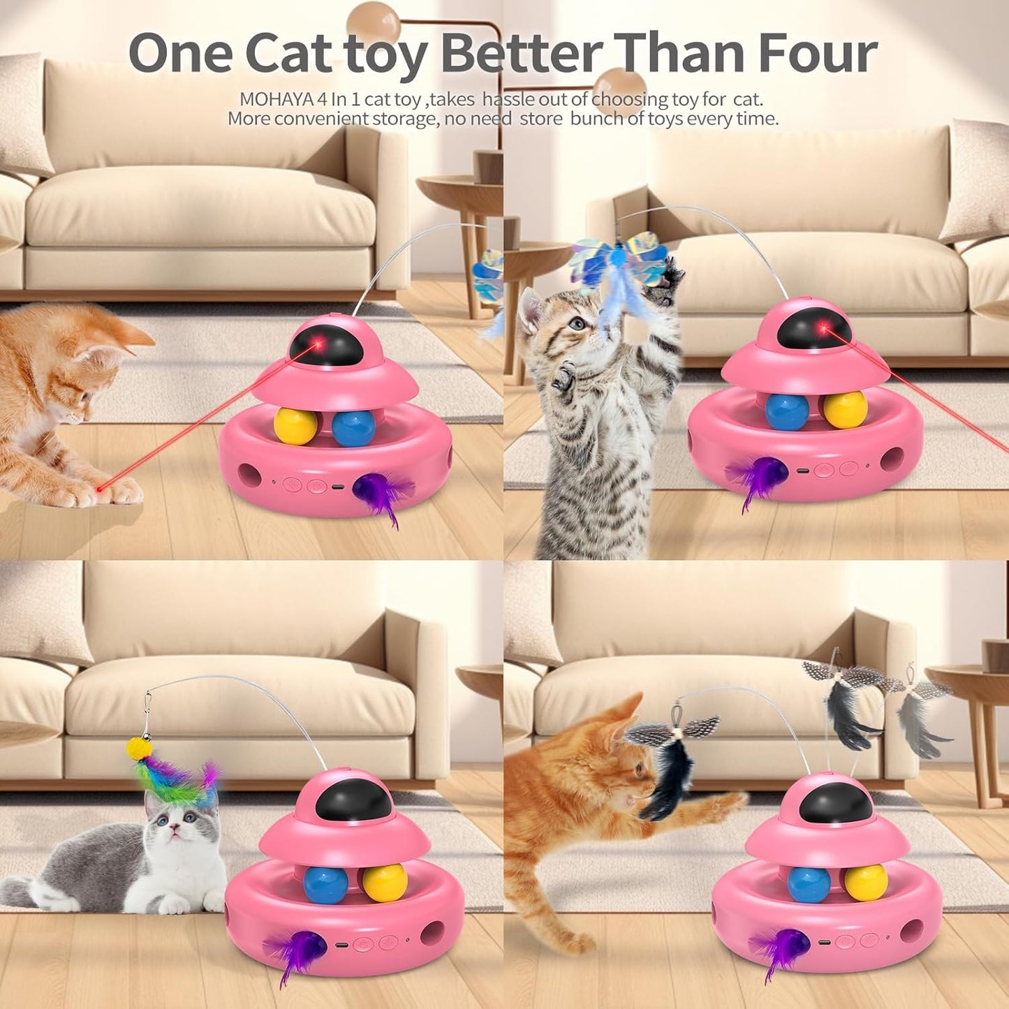 Automatic Cat Toys,4-in-1 InteractiveCat Toys for Bored Indoor Adult Cats, Electric Flying Butterfly,Rechargeable Moving Ambush Feather,Pink Kitter Toy Track Balls