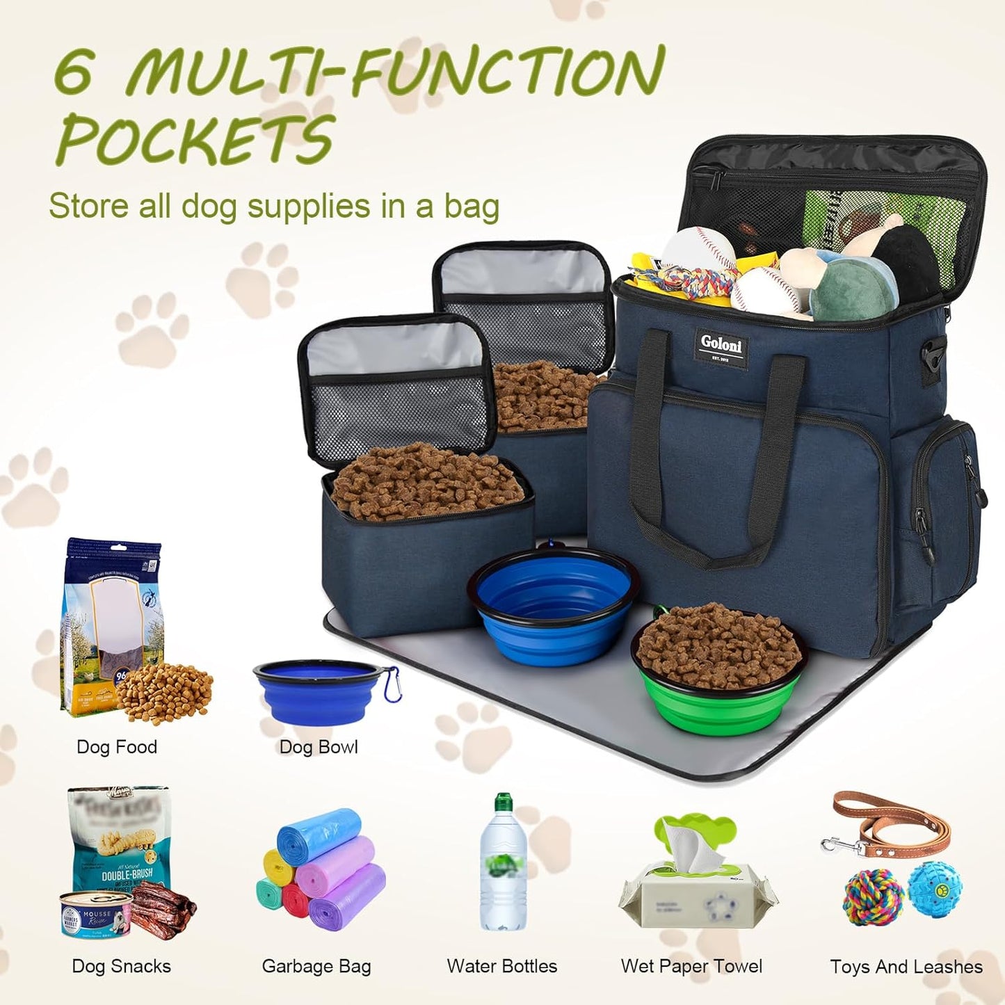 Dog Travel Bag Airline Approved–Pet Travel Tote with Collapsible Bowls,Food Containers & Feeding Mat–Multi-Pocket Organizer for Dogs & Cats, Durable & Water-Resistant for Hiking,Trips,Outdoors