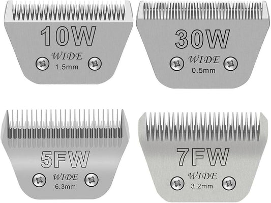4PCS Wide Blades for Dog Grooming Blades Compatible with Andis,Oster A5,Wahl km10 Dog Clippers Stainless Steel Blades for Animal Dog,Cat,Horse,Silver,Size #10W+30W+5FW+7FW
