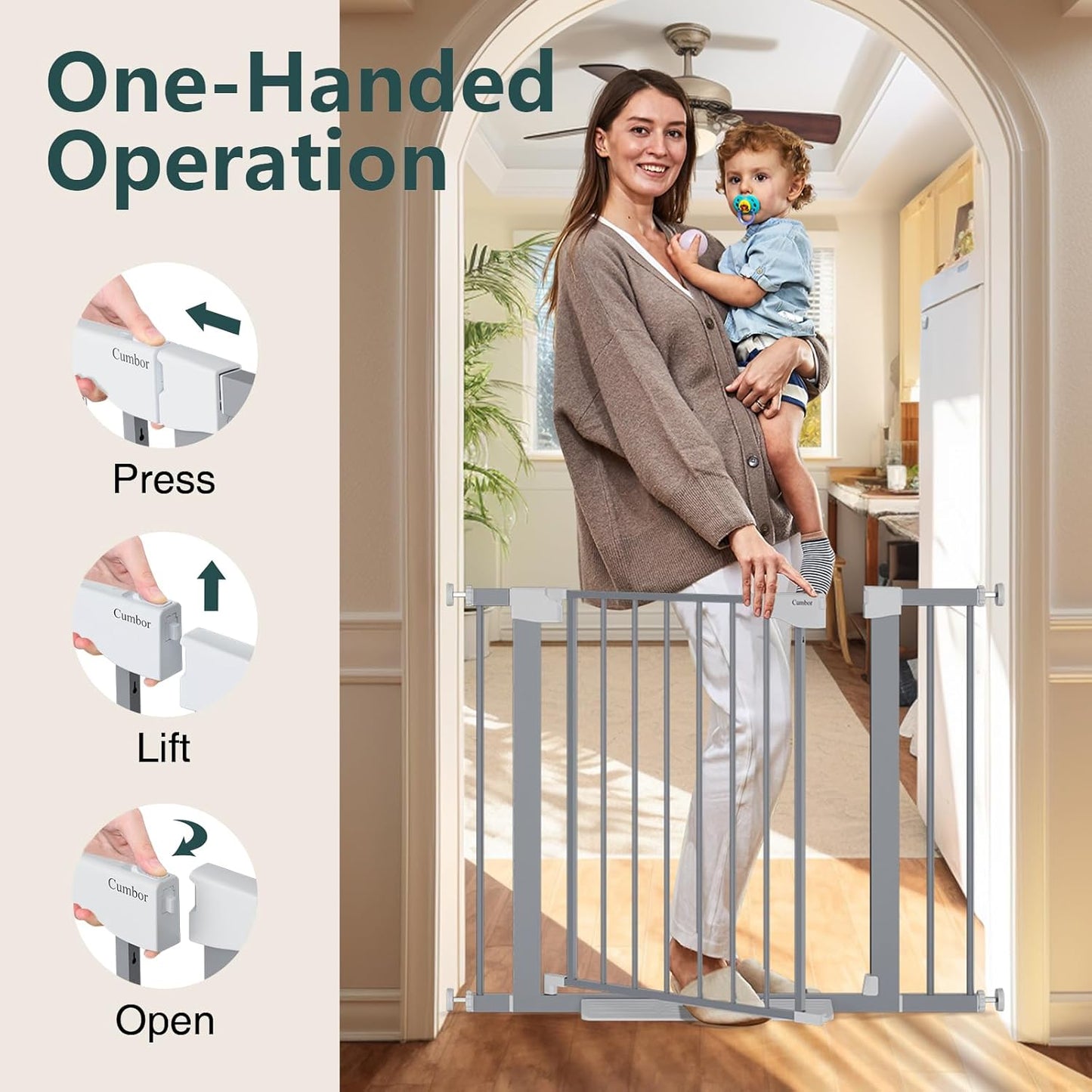 Cumbor 29.7"-40.6" Baby Gate for Stairs, Mom's Choice Awards Winner-Dog Gates for Doorways, Pressure Mounted Auto-Close Pet Gates for Dogs Indoor, Safety Child Gate with Easy Walk Thru Door, Gray