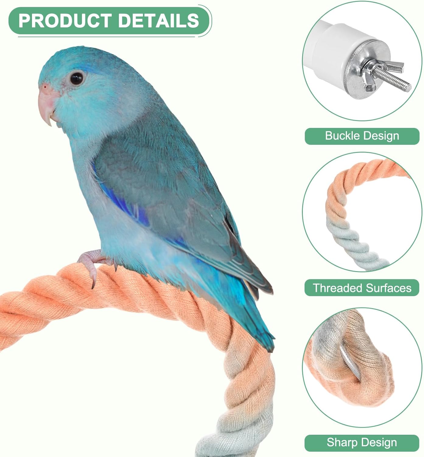 1-Set Rope Perches for Bird Cages, 13.8 & 31.5 in Length Comfort Grip Flexible Rope Perch Beak & Paw Grinding for Parrots/Cockatiels/Parakeets, Bird Platform Sand [Pink Blue]