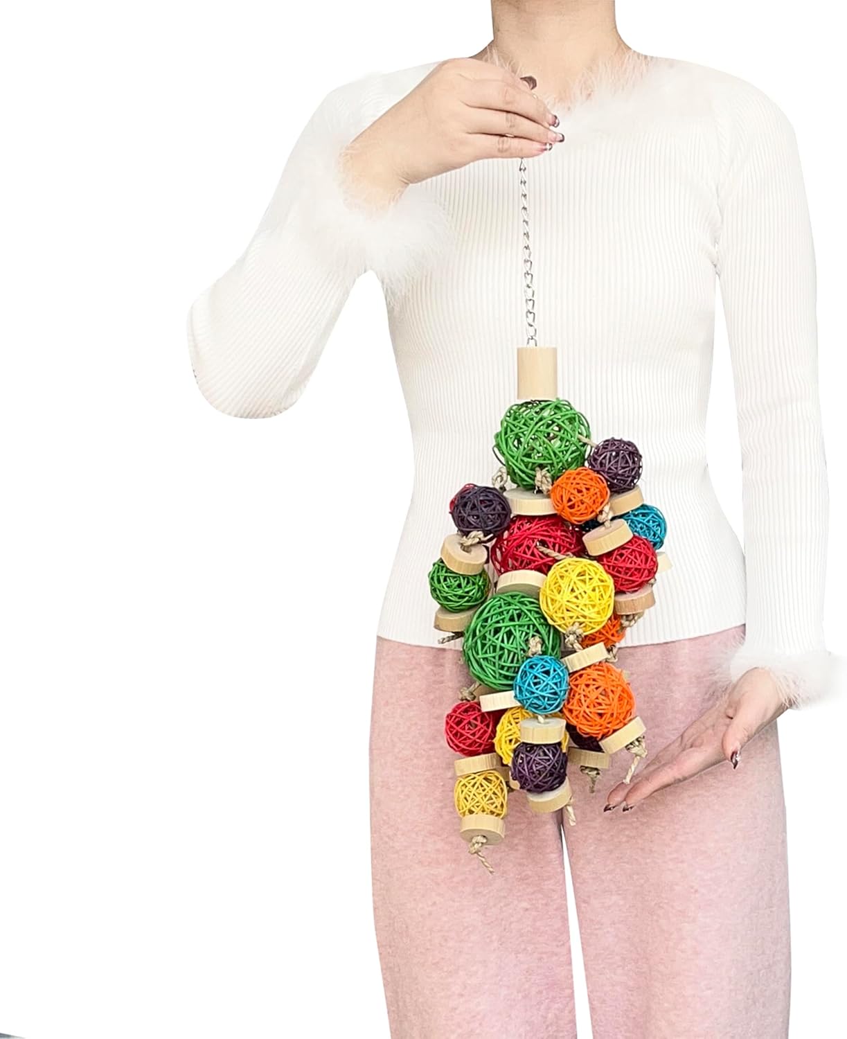 LUCKITTY 22" Bird Toys for Large Parrots - Natural Wood, Rattan Ball & Corn Cob Chewing Toys with Edible Colors | Safe for Macaw, Cockatoo, Conures | Cage Hanging Enrichment Accessories