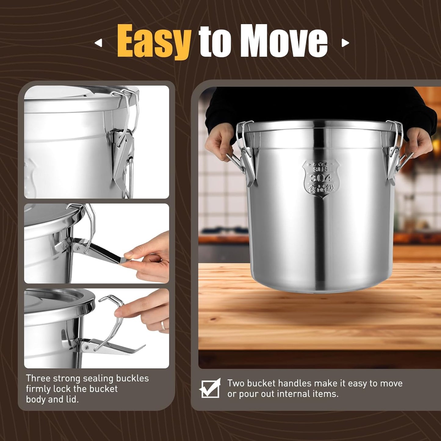 DYNAMI 8.7Gal 304 Stainless Steel Airtight Container with Lid and Locking Clamp,28-60Lbs Metal Bucket Large Food Storage Container Stainless Steel Milk Can,for Rice, Flour,Oil,Soup(33L)