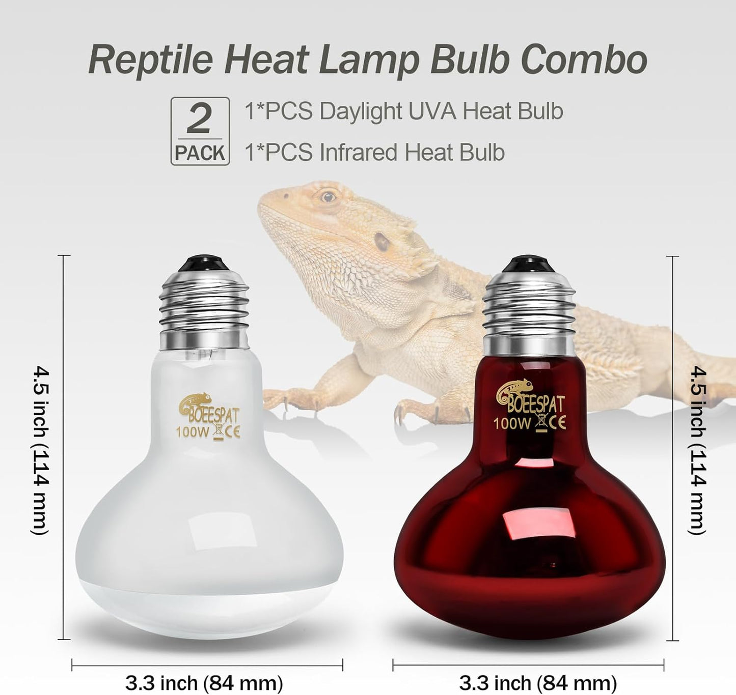 100W Daylight Basking Light Bulb & Infrared Heat Lamp Bulb for Amphibians Reptiles Bearded Dragon, Turtle, Lizard, Snakes, Geckos, ...