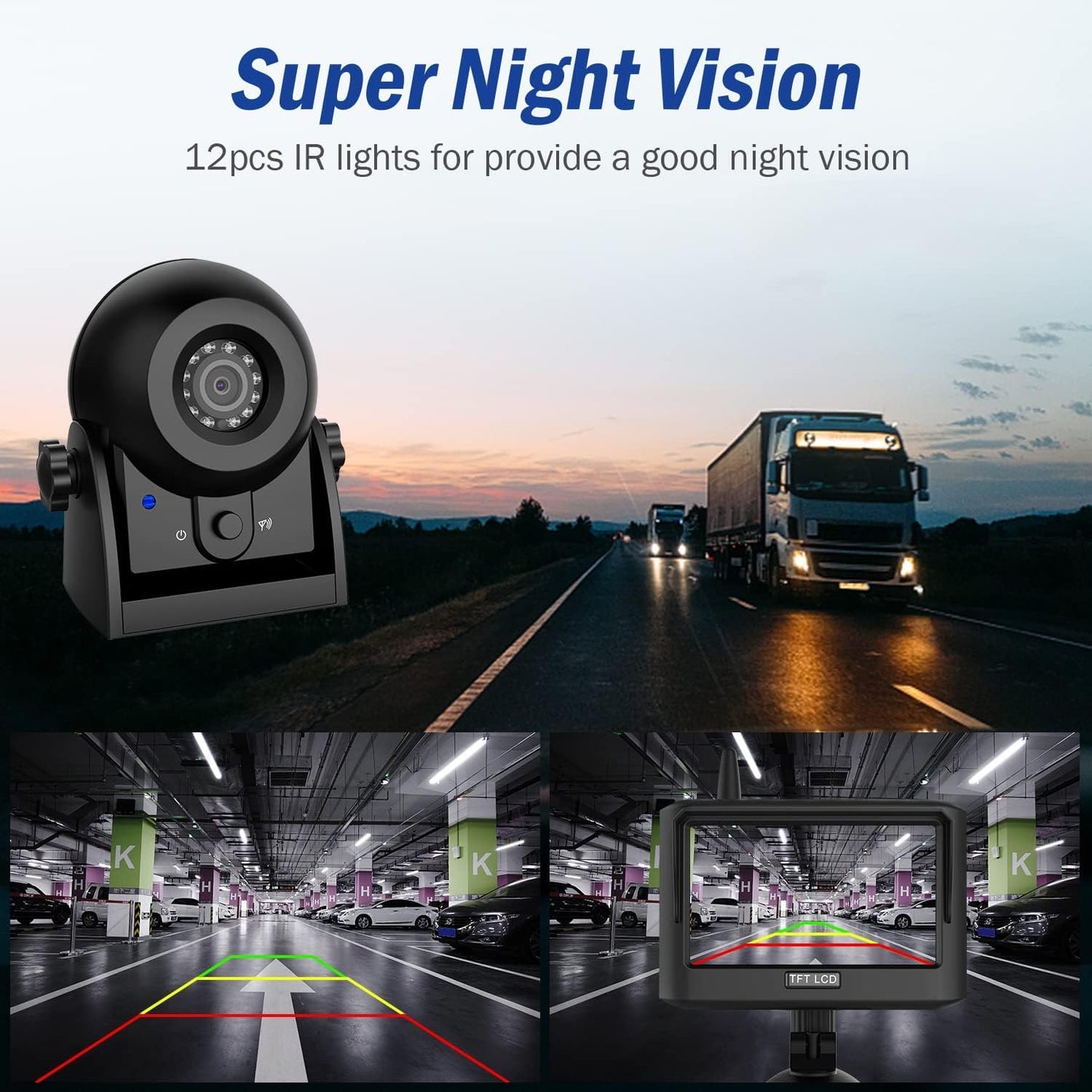 Magnetic Wireless Trailer Backup Camera System, 4.3inch TFT LCD Monitor & IP68 Waterproof Rechargeable Rear View Camera, Easy to use for Trucks/Campers/SUV/Cars(MS-348)