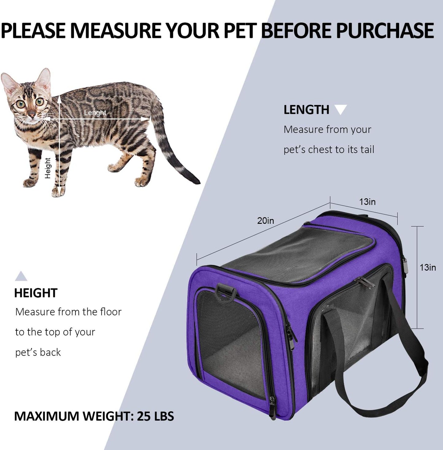 Large Cat Carriers Dog Carrier Pet Carrier for Large Cats Dogs Puppies up to 25Lbs, Big Dog Carrier Soft Sided, Collapsible Travel Puppy Carrier - Large - Purple