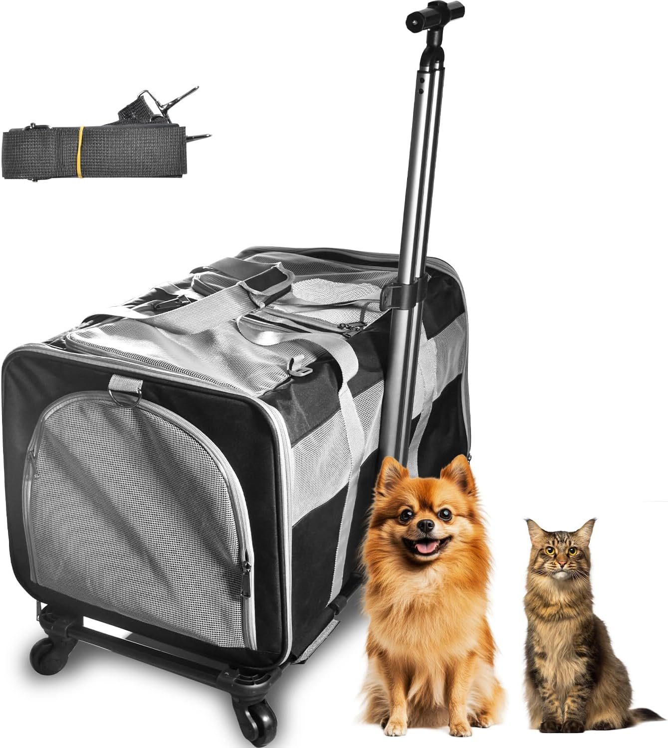 Cat Carrier for 2 Cats, Large Dog Cat Carrier with Wheels for Under 44lbs, Rolling Pet Carrier with Removable Pole Platform and Upgraded Wheels Dog Cat Travel Carrier for Hiking Camping, Black