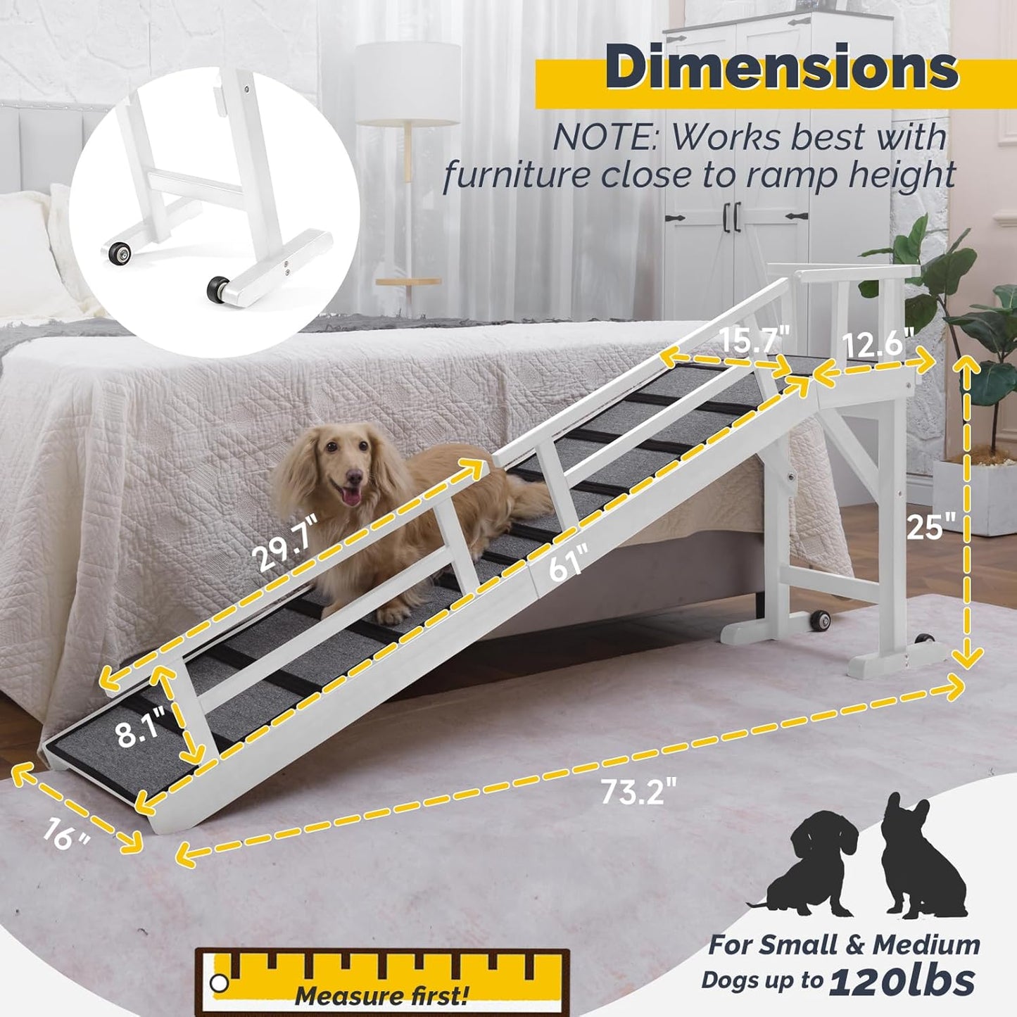 Dog Ramp for Bed or Couch, Wooden Pet Ramp with 20° Gentle Slope, Removable Side Rails, Non-Slip Surface, Top Platform & Wheels, Safe Bed Ramp for Small, Medium & Senior Dogs, 74" Long, White
