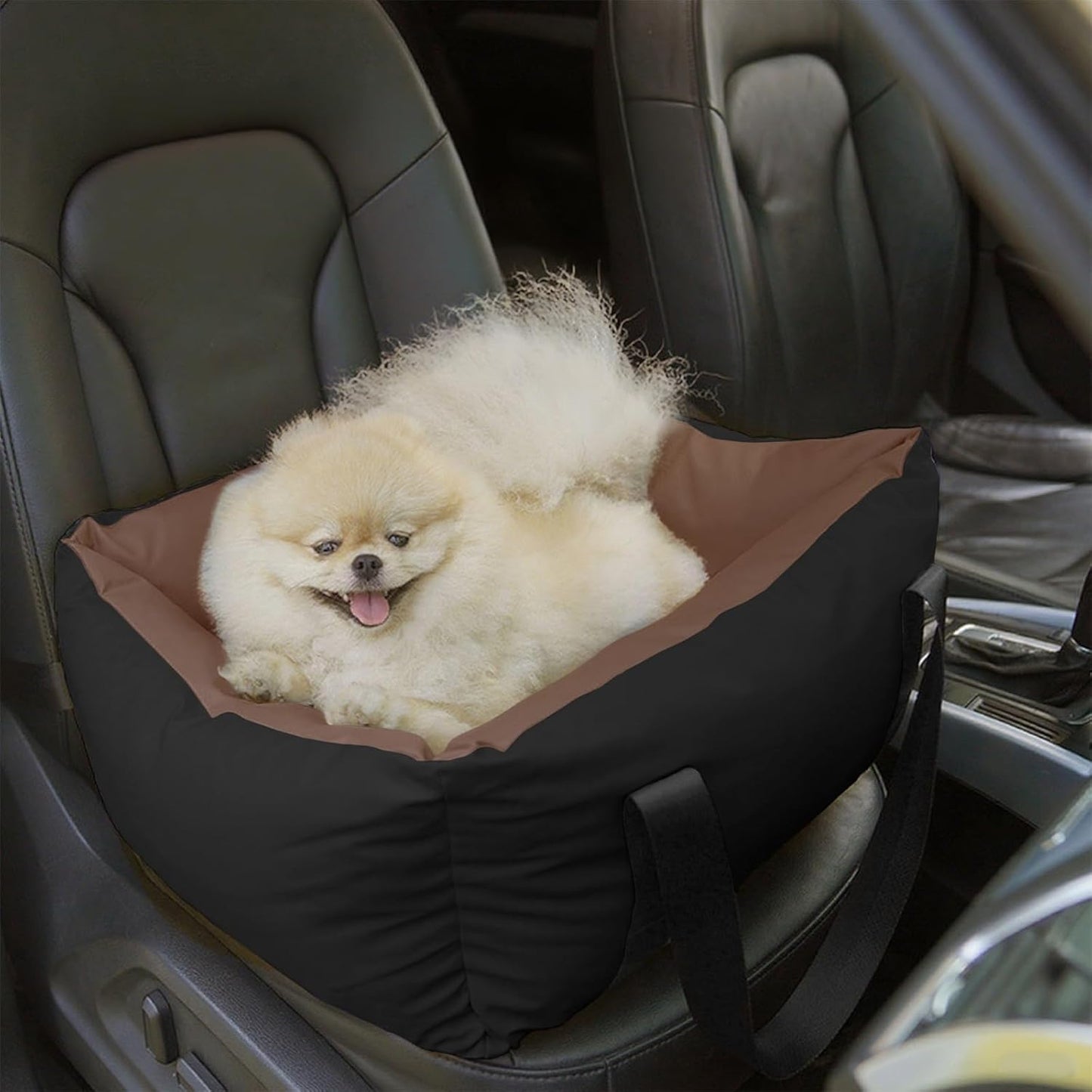Dog Car Seat for Small Dogs, Large Leather Dog Car Bed with Storage Pocket, Waterproof PVC Leather Booster Seat Travel Bed for Front & Back Seat, Clip-On Safety Leash (Black/Brown)