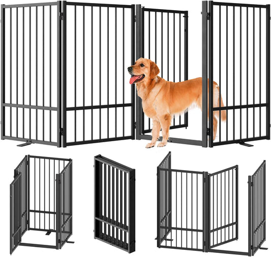 Full Metal Freestanding Dog Gate with Door, 36''Height Foldable Pet Dog Fence for Indoor & Outdoor, 4 Panels Extra Wide Free Standing TallDog Gates for Doorways,House,Stairs,Porch,Deck,Yard