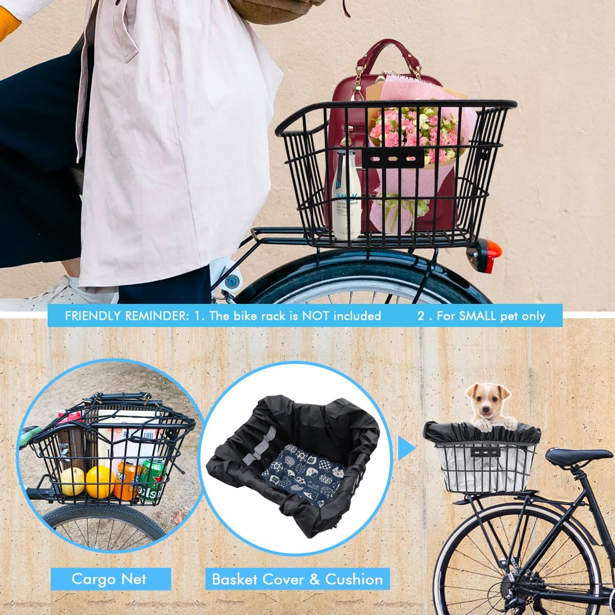 Rear Bike Basket, Tool-Free Install, Dog/Pet Carrier, Ebike Electric Bicycle Back Cargo Basket, Fits Most Rear Racks, with Waterproof Cover, Cargo Net