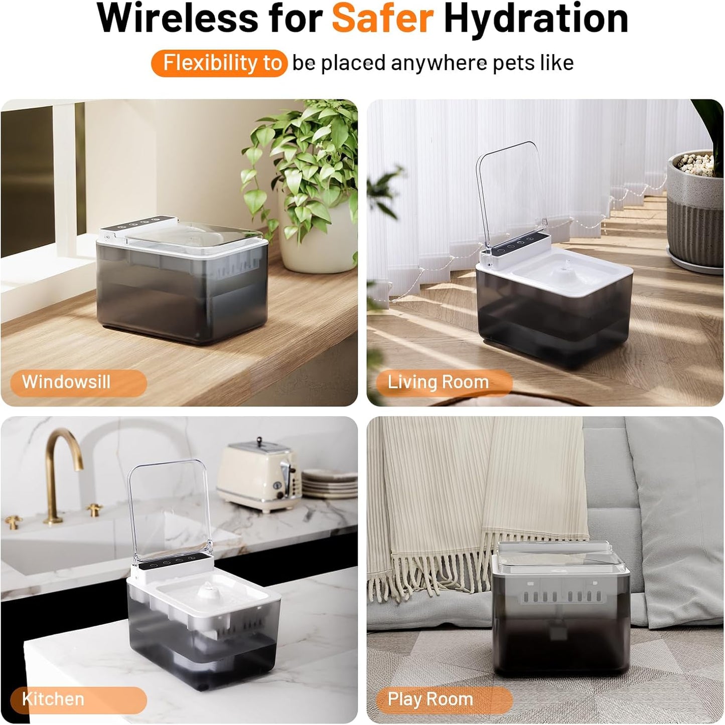 Cat Water Fountain Pet Water Dispenser Automatic Kitty Spout Flip Lid Water Fountain 106oz/3L Cordless Battery Operated for Small Dogs for Drinking Indoor with Motion Sensor Quiet Water Pump