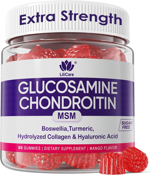 Glucosamine Chondroitin Gummies, Sugar Free Glucosamine Chondroitin MSM Supplement, Extra Strength with Boswellia Turmeric, Hydrolyzed Collagen & Hyaluronic Acid, Bone Health for Men & Women, 60 Cts