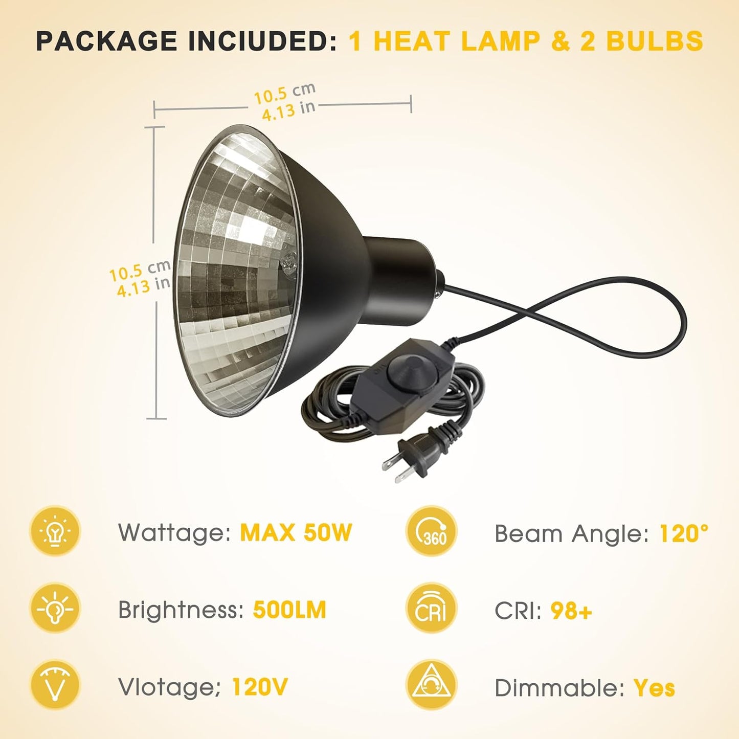 Reptile Heat Lamp 50W G9 Halogen Heat Bulb & Dome Reptile Light Fixture, Aluminum Reflector, UVA Basking Light for Reptiles, Dimmable Heat Lamp for Chicken Turtle Snake Gecko Lizard