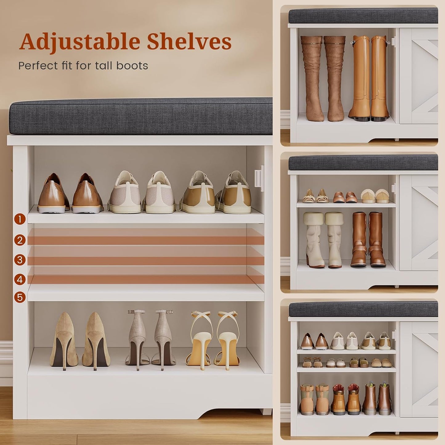 Farmhouse Storage Bench with Flip Drawers & Padded Seat Cushion, Half Hidden Shoe Rack Organizer, Adjustable Shelf Shoe Cabinet for Large Family, Entryway, Bedroom, Living Room (White)