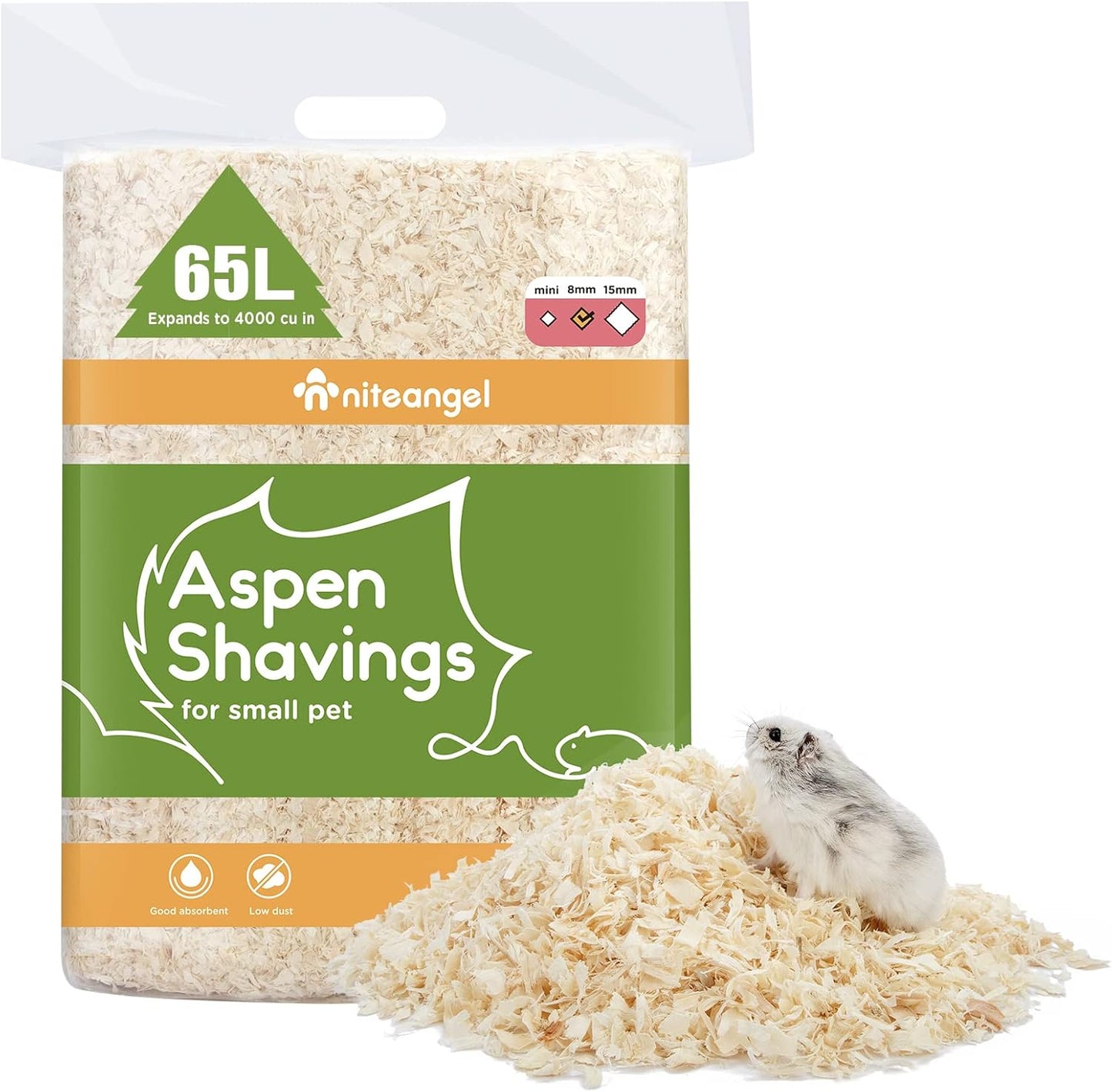 Niteangel Aspen Shaving Hamster Beddings for Syrian Dwarf Hamster Gerbil Mice Degu Rat Rabbit Bunny Guinea Pig Chinchilla Hedgehog or Other Small Pets (65L - 8 mm)
