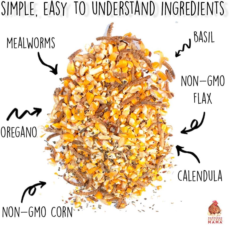 Pampered Chicken Mama Non-GMO Mealworm, Corn, Flax, & Herb Treat (10 Pounds) for Backyard Chickens, Healthy Layer Feed & Supplies for Pet Chickens Poultry Queen Treat for Hens