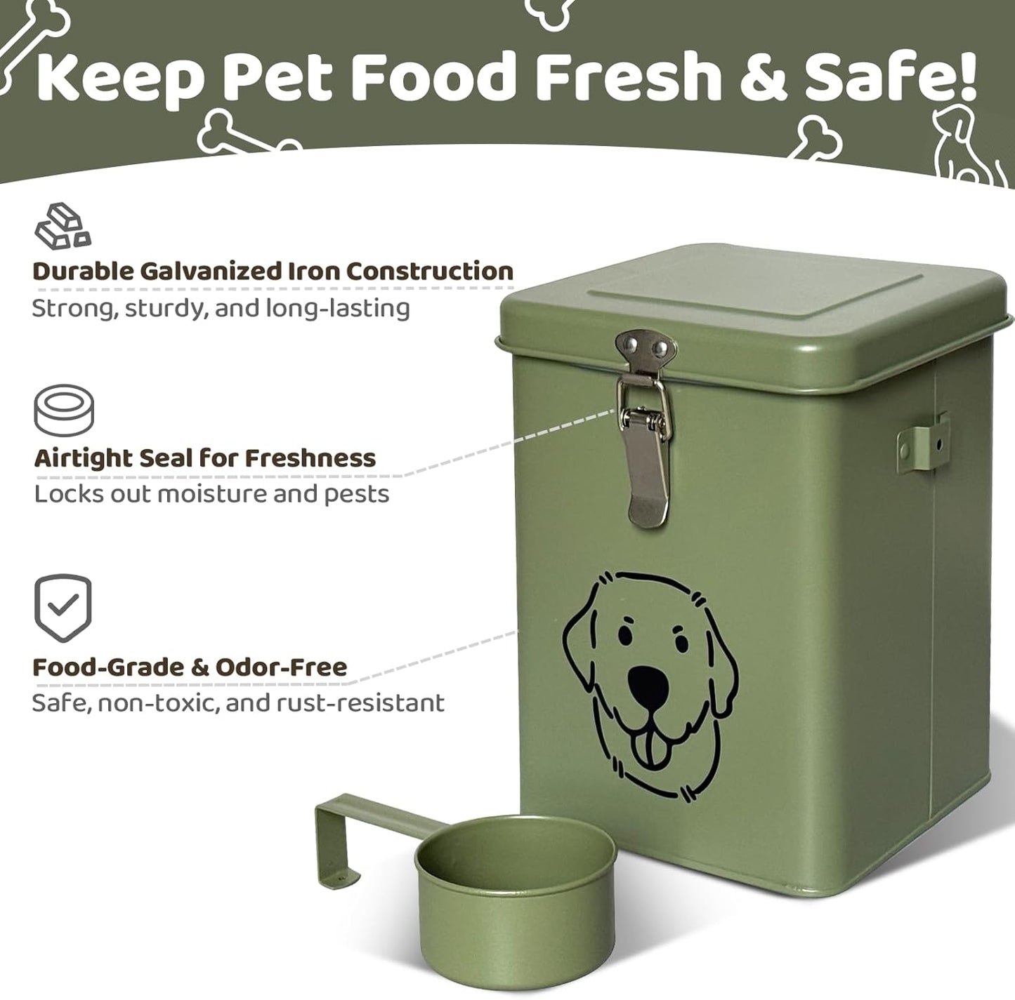 Dog Food Storage Container Airtight Dog Treat Container Pet Food Storage Containers Dog Treat Jar Tinplate Dog Treat Bin Olive Green