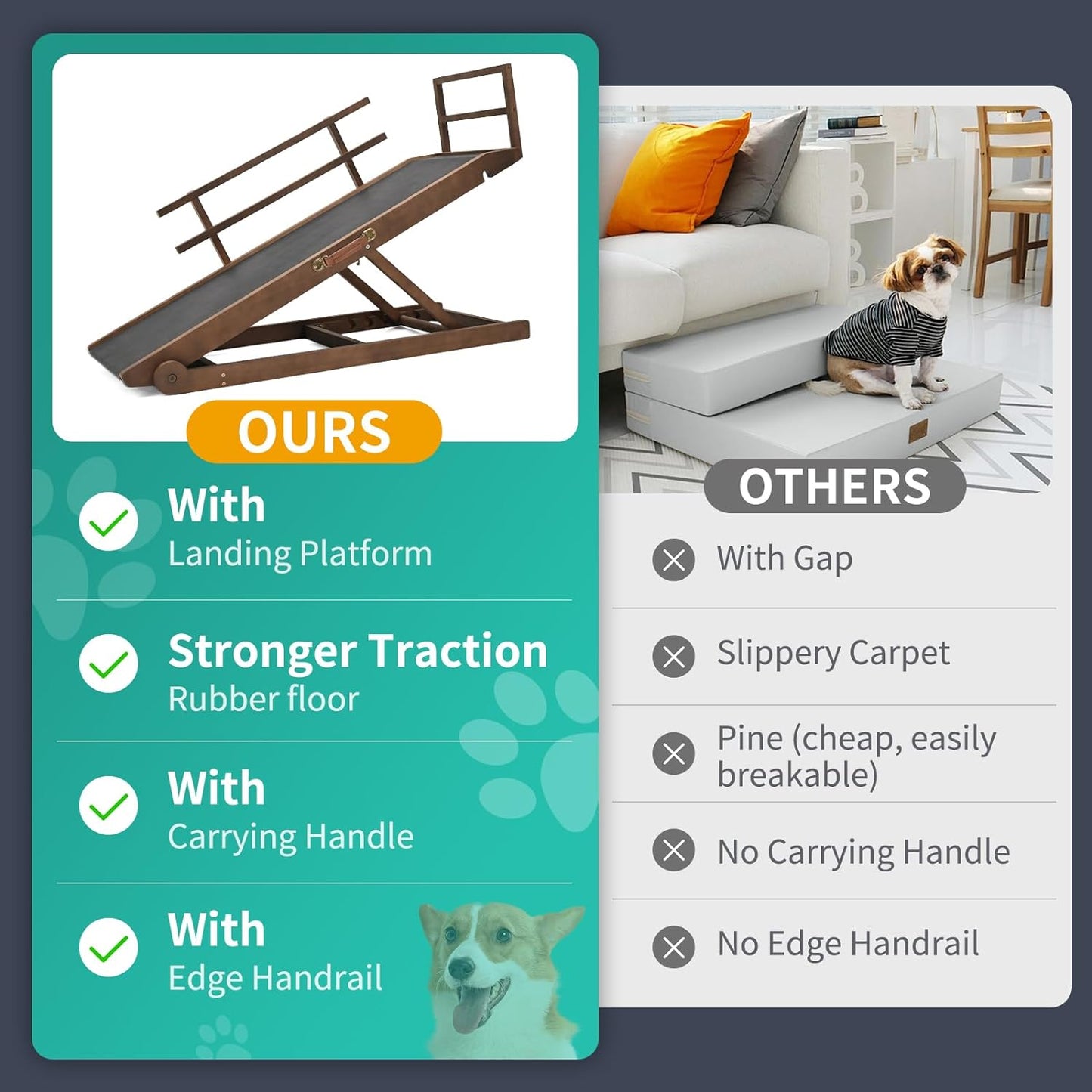 Dog Ramp, 5 Level Adjustable Height Folding Pet Ramp for High Bed, Portable Paw Ramps Large Bed Ramp for Medium & Large Old Dogs & Cats - Natural Wood Furniture Quality