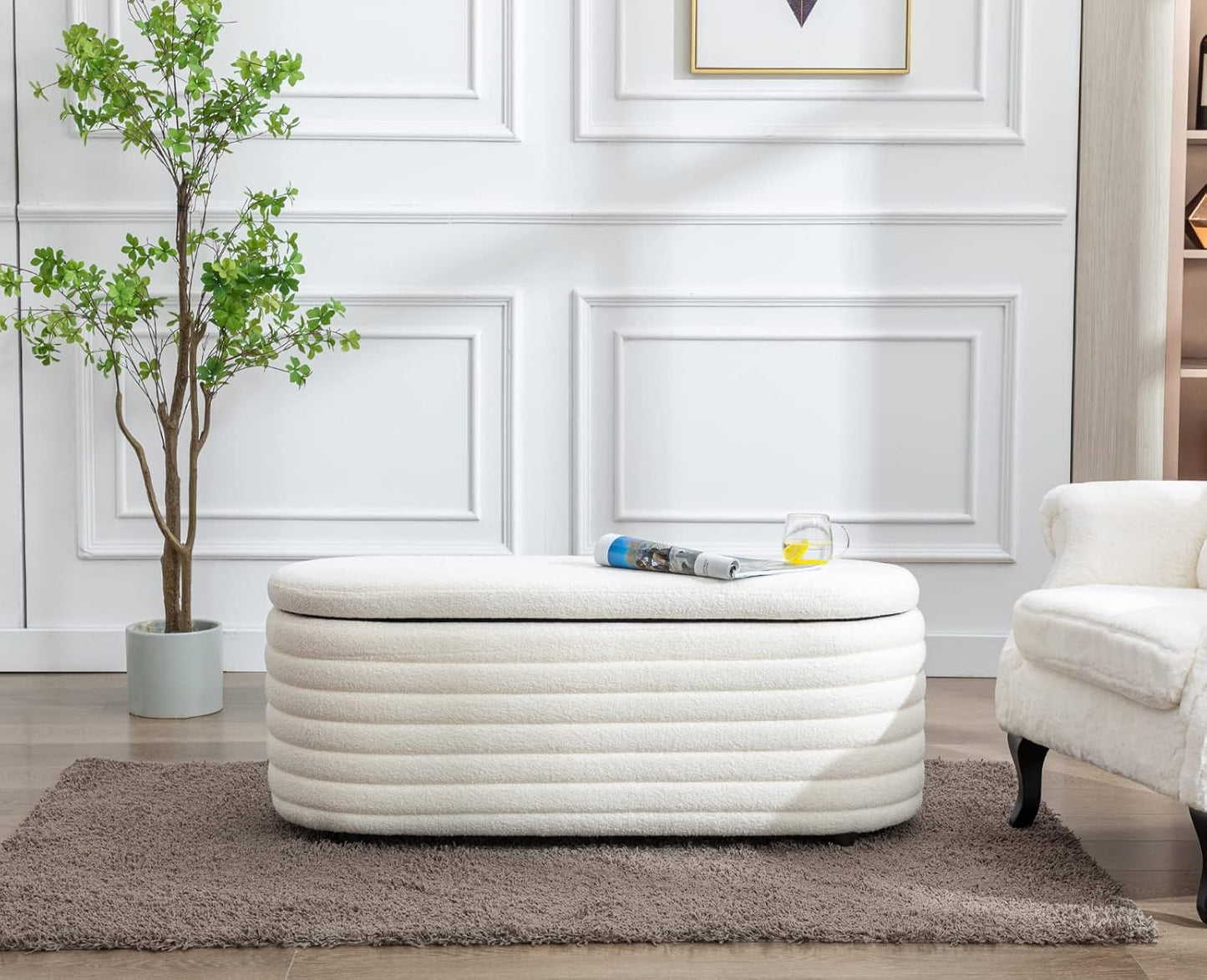 Kmax 45" Storage Bench Faux Fur Entryway Bench Upholstered Ottoman Bench for Bedroom Living Room Hallway, White