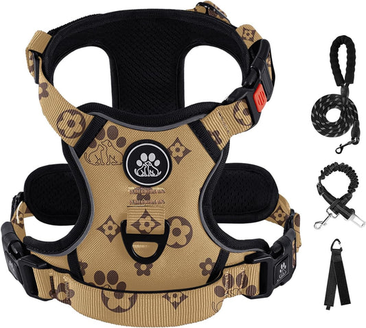 IVY&LANE No Pull Dog Harness with Leash Set, Reflective No Choke Pet Vest,Adjustable Oxford Dog Vest Harness with Easy Control Handle for Large Dogs (Light Brown,XL)