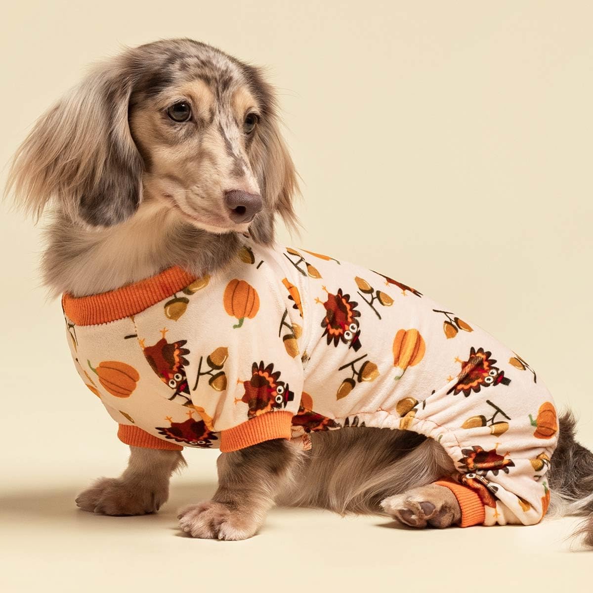 Fitwarm Thanksgiving Turkey Dog Pajamas, Funny Dog Winter Clothes for Small Dogs Girl Boy, Pet Jumpsuit, Cat Onesie with Feet, Lightweight Velvet, Orange, Large