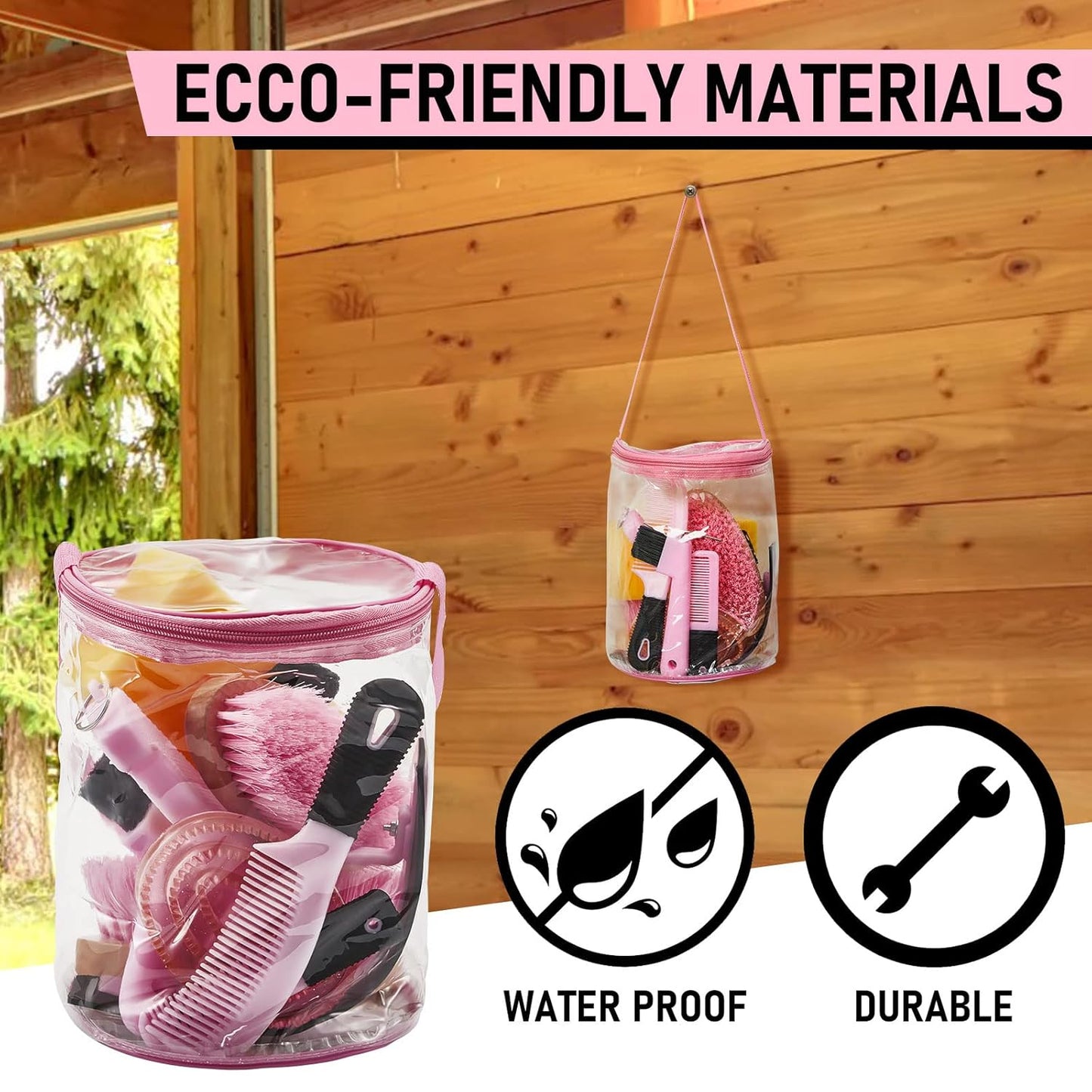 9 Pieces Horse Grooming Kit Tack Room Supplies Set with Organizer Tote Bag, Oval Massage Curry, Hard and Soft Brush, Hoof Pick, Sweat Scraper, Bathing Sponge, Combs for Horse Riders Beginners (Pink)