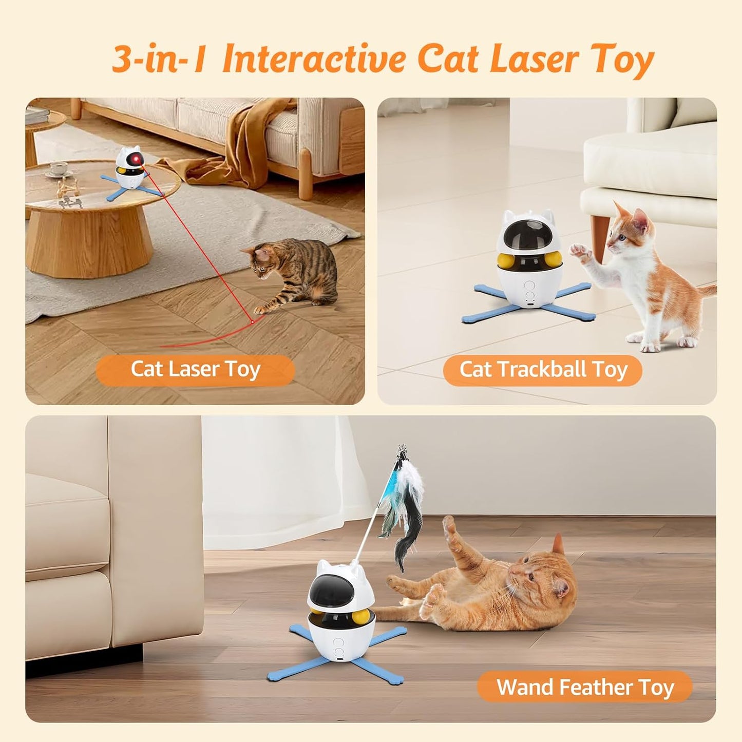 Nobleza 3-in-1 Cat Laser Toy with Feather Trackball, Rechargeable Pet Interactive Pointer Red Light Game, 3 Modes Random Trajectory Motion Activated Boredom Buster for Cat Self Play Home Indoor