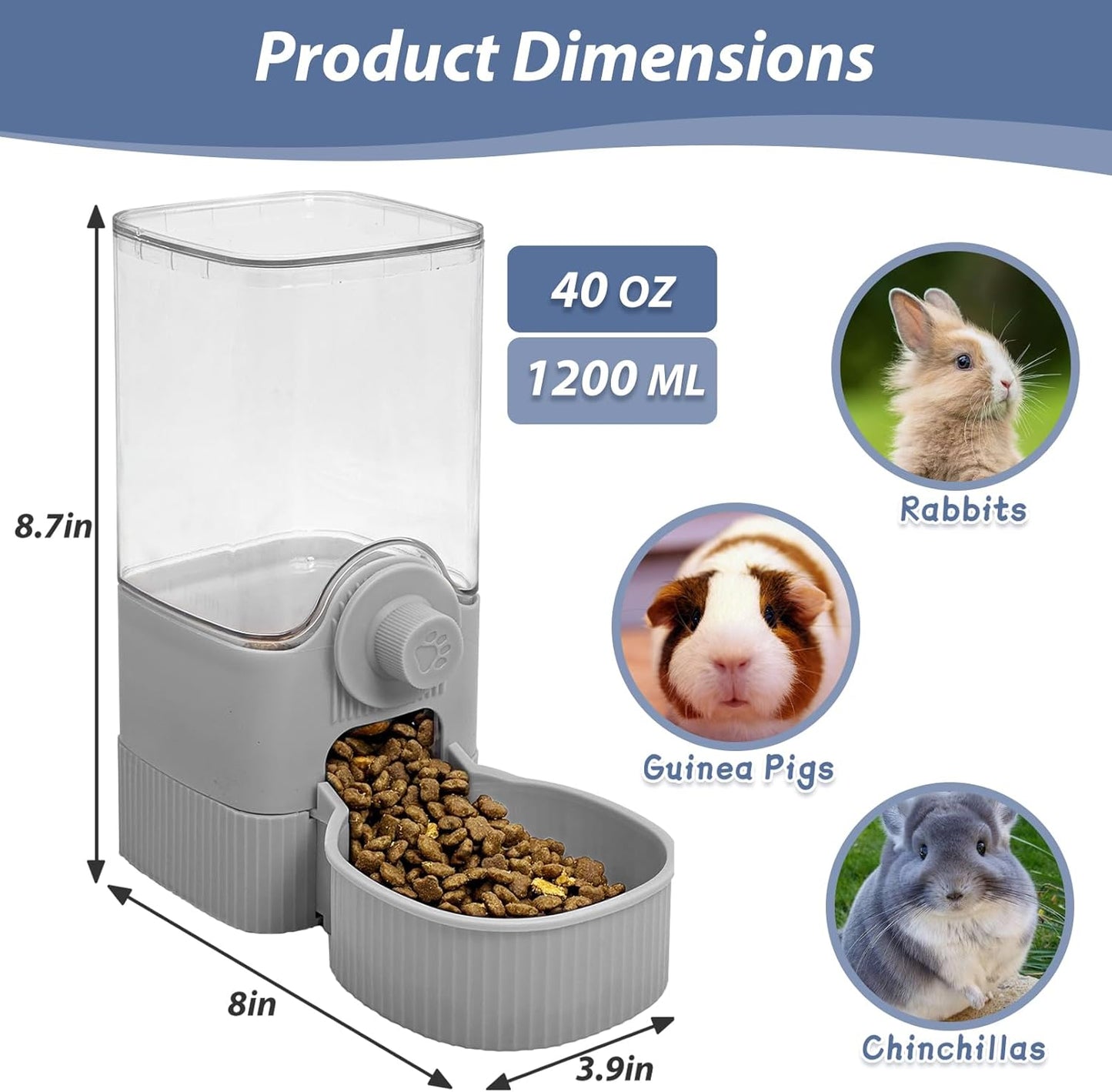 Fhiny Rabbit Food Dispenser, 40oz Large Capacity Hanging Gravity Bunny Feeder for Cage Automatic Guinea Pig Feeding Bowls Pet Food Storage for Bunny Guinea Pig Chinchilla Ferret Cat Puppy