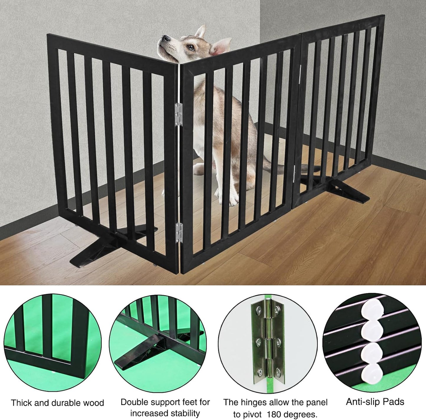 ZJSF Freestanding Indoor Dog Gate for House Foldable Wood Puppy Gate for Doorways Pet Gate for Stairs Extra Wide Pet Fence, Black, 32" Height 3 Panels