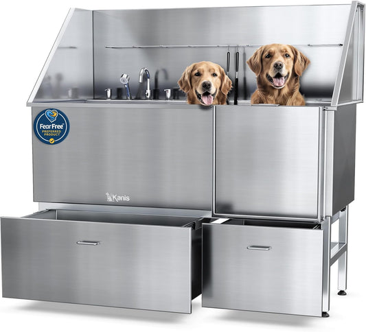 KANIS Professional Dog Washing Station - 304 Stainless Steel Pet Wash Sink & Grooming Bath Tub for Home with Ramp, Shower, Floor Grate, Storage Drawers, and Faucet for Large, Medium & Small Pets