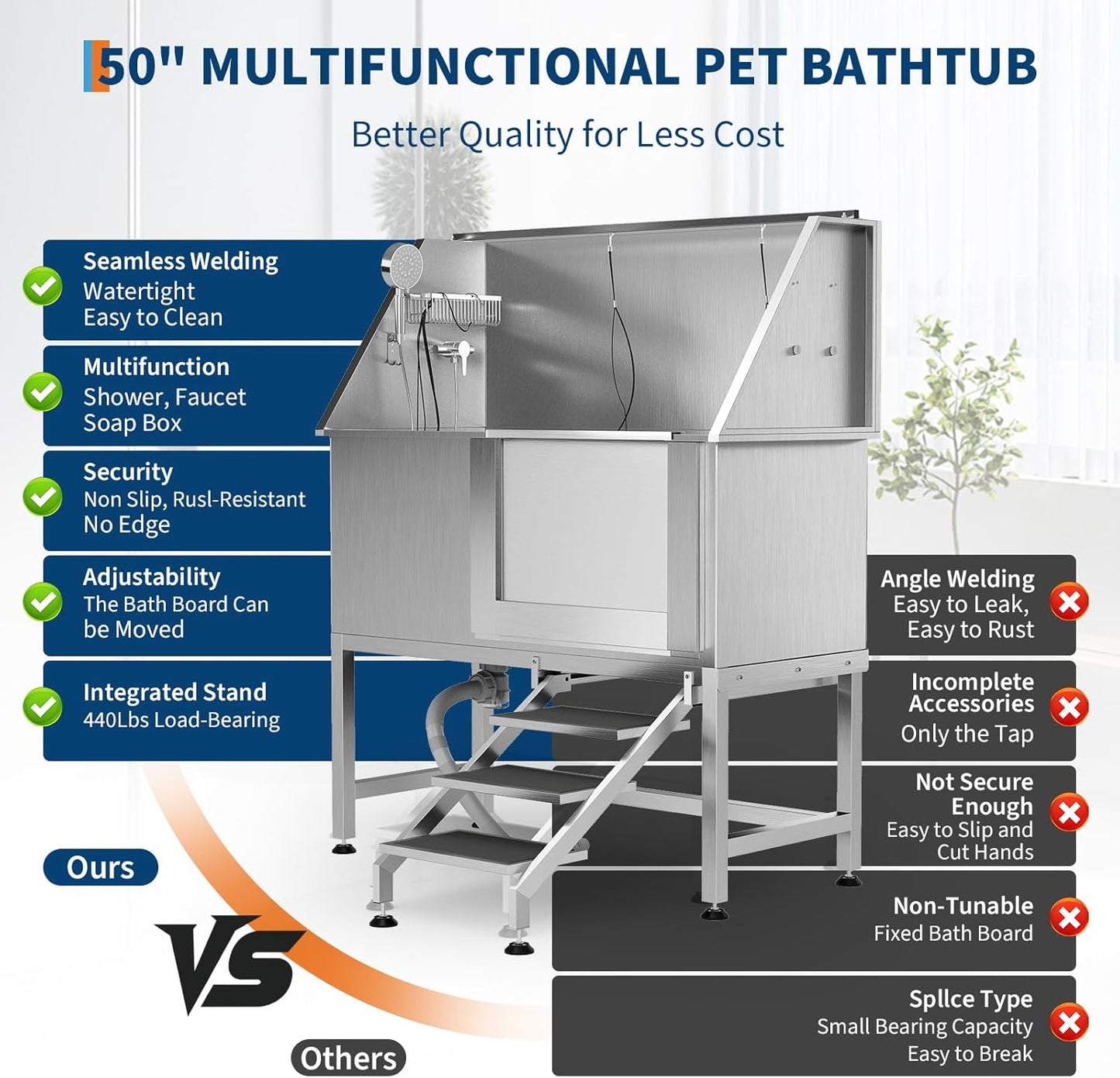 50" Stainless Steel Professional Dog Washing Station - Pet Bathing Tub w/Non-Slip Stairs | Slip-Resistant Floor Grate | for Large/Medium/Small Dogs