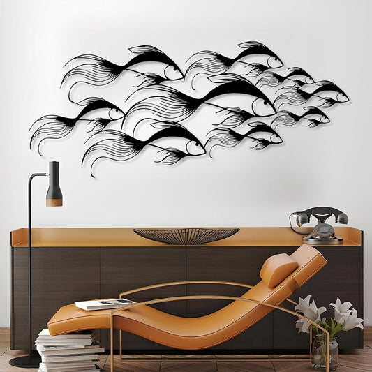 School of Fish Metal Wall Art, Metal Fish Wall Decor, Sea Life Wall Art, Large Nautical Wall Hanging, Modern Beach House Wall Decor, Ocean Themed Artwork for Bathroom (Black, 41"x18" | 105x45cm)