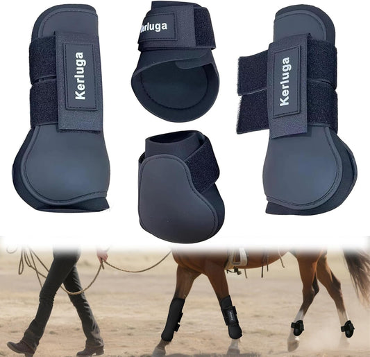 Horse Boots Set of 4 Open Front & Fetlock Tendon Boot for Horses Professional Sport Protection Impact-Absorbing Equine Leg Support Wraps for Jumping, Riding, Training (Black, Full)