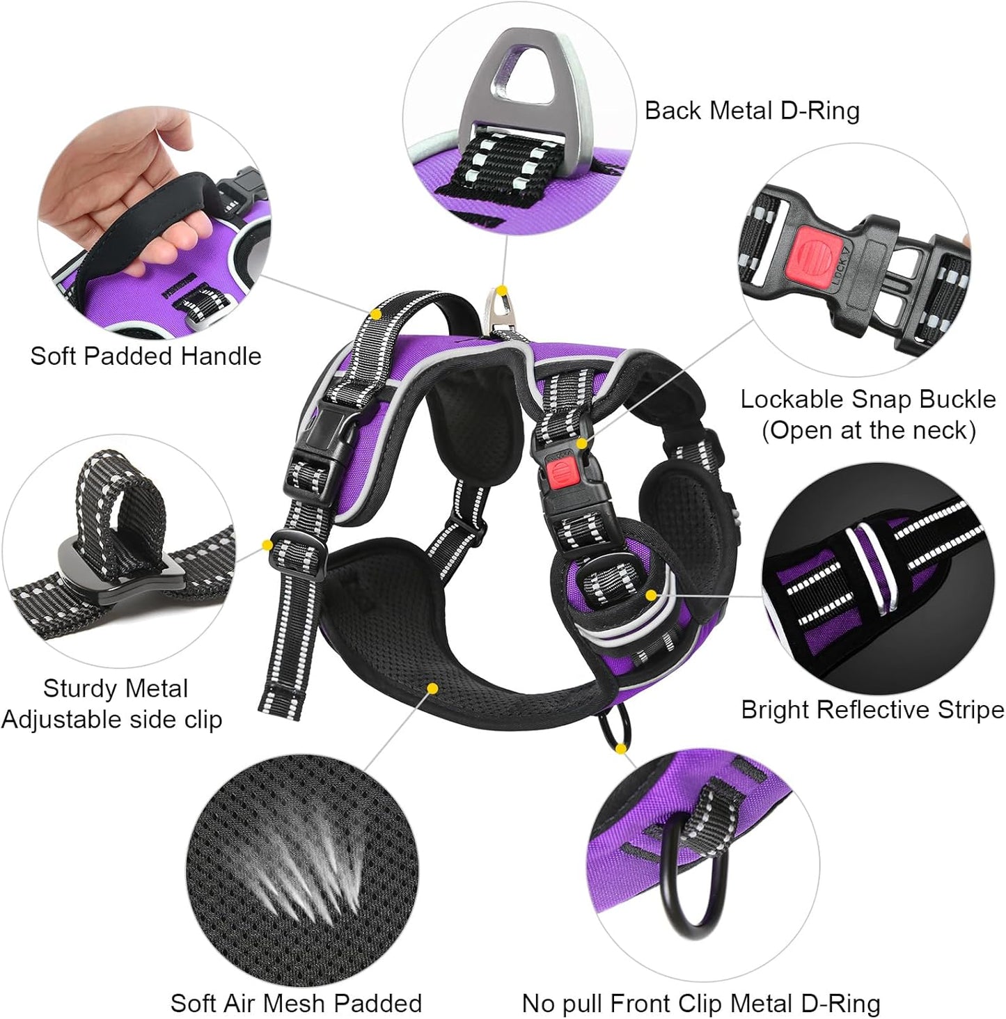 Timos Dog Harness Large Sized, No Pull with Neck Lockable Snap,No Choke Front Clip Dog Reflective Harness,Adjustable Metal Rings 3 Buckles,Easy Control Handle for Large Dogs Purple L