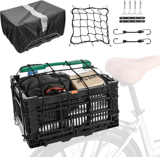 YEEGO DIRECT Bike Basket Rear, Folding Large Capacity Rear Bike Baskets, Collapsible Bicycle Storage Bike Milk Crate Rear Rack,Waterproof Cover for Shopping,Outings,Pets E-Bike Accessories (Black)