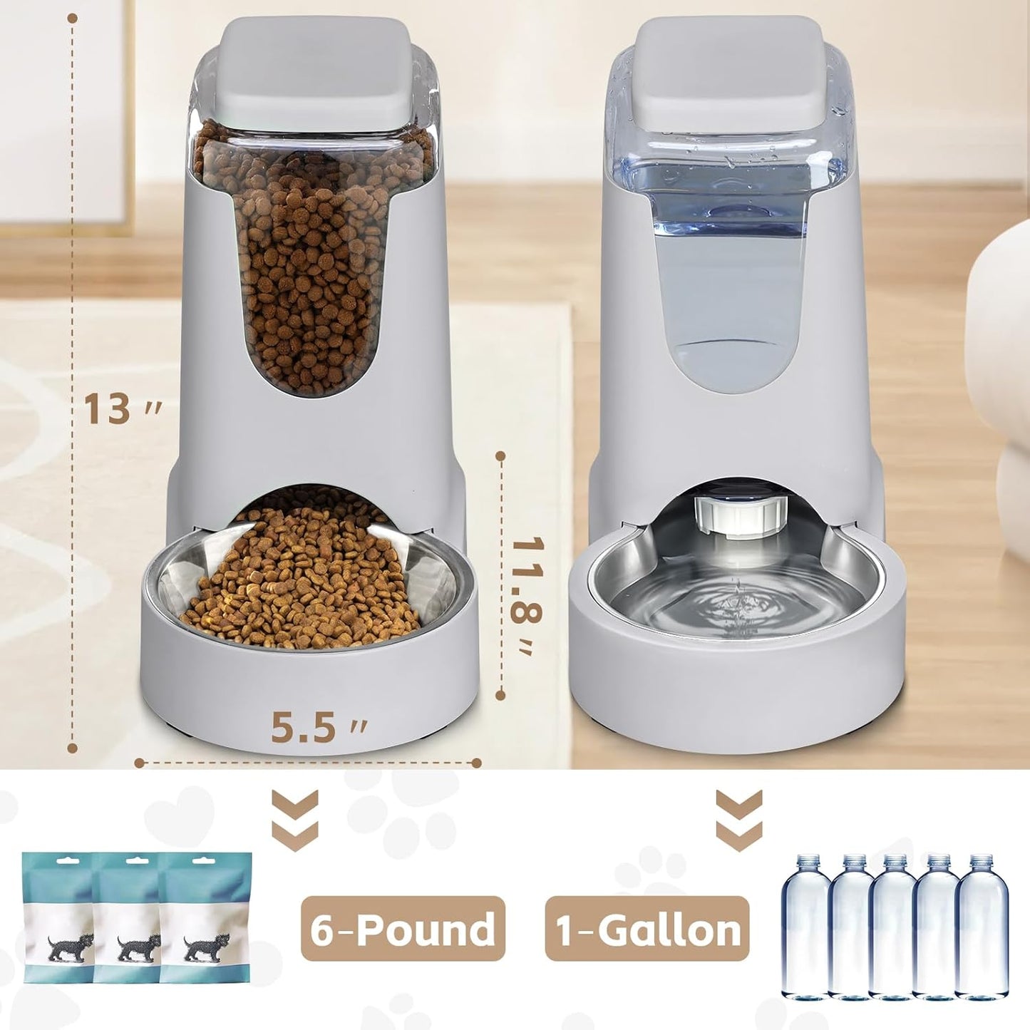 HWONMTE Portable Automatic Cat Feeder and Water Dispenser with Stainless Steel Bowl Dog Gravity Food Feeder and Waterer for Small Medium Pets Puppy Kitten 1 Gallon x 2 (Silver Gray)