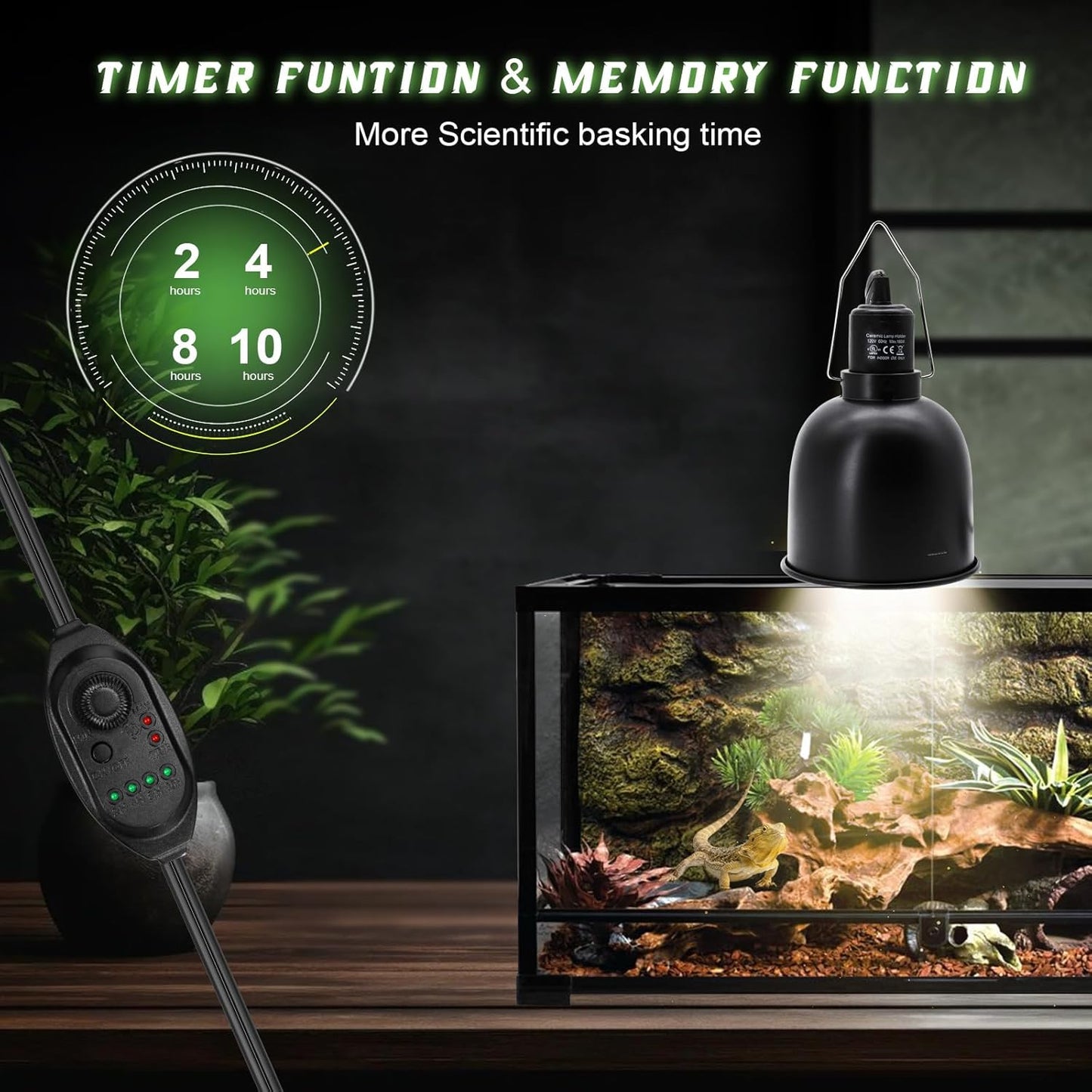 Reptile Light Fixture with Dimming Switch and Timer, 5.5 Inch Deep Dome Reptile Heat Lamp Fixture, Reptile Lamp Fixture Cap for UVB Bulb Basking Heat Bulb for Reptile Glass Terrariums, 2PCS