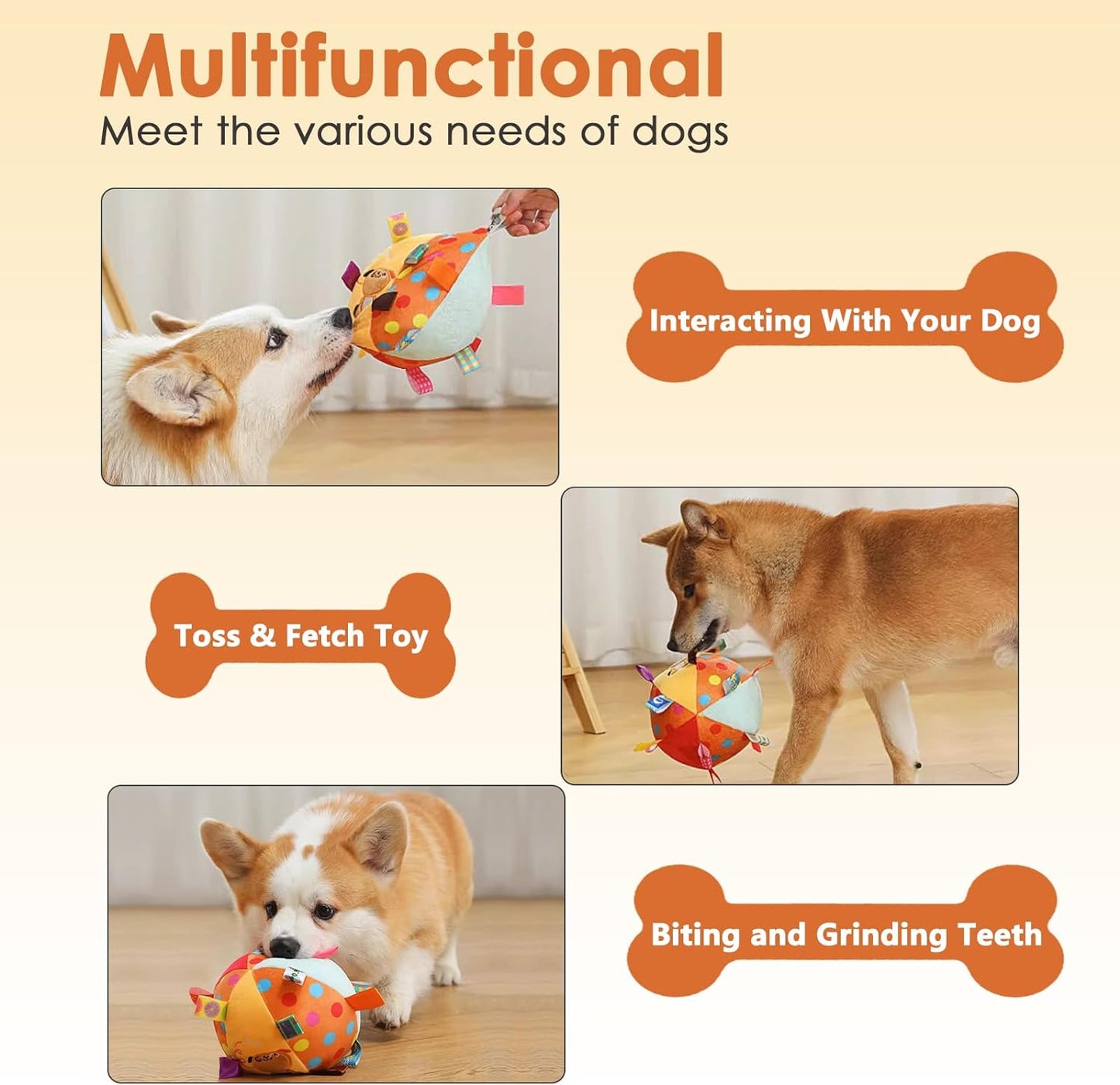 Dog Squeaky Plush Toy with Straps, 6-Inch Soft Stuffed Ball with Cotton Material and Bell Built-in, Pet Interactive Fetch Toy for Small to Large Dog