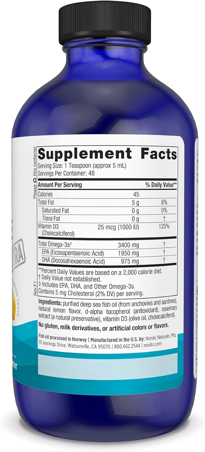 Nordic Naturals Ultimate Omega Xtra Liquid, Lemon Flavor - 8 oz - 3400 mg Omega-3 + 1000 IU Vitamin D3 - EPA & DHA - Brain, Heart, Joint, & Immune Health - Non-GMO - 48 Servings