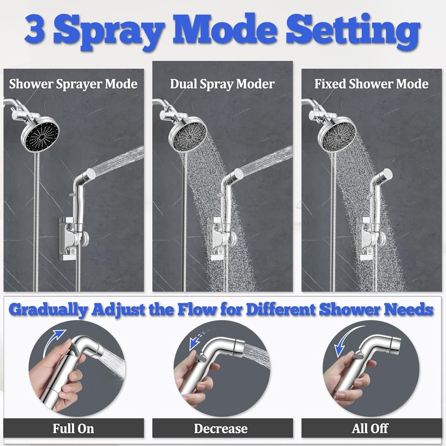 Dog Shower Attachment Metal, YDmeet Pet Washing Hose Attachment for Fast & Clean Bathing, Brass 3 Way Diverter, Adjustable Sprayer wtih Turn Off, 8 ft Hose and Holder, Chrome