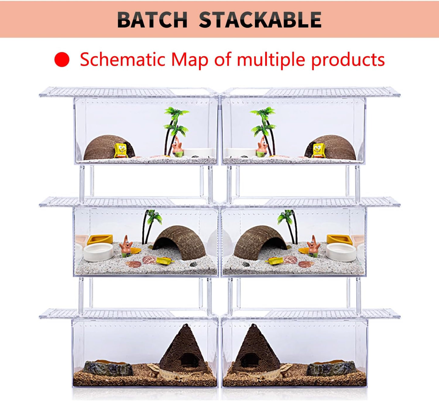 【No Assembly】 Reptile Tank Enclosure with Magnetic Button.12" * 8" * 6" Thicken Snake Enclosure Cage,Batch Stackable Reptile Breeding Tank for Insect,Fish,Tarantula,Hermit Crab,Jumping Spider