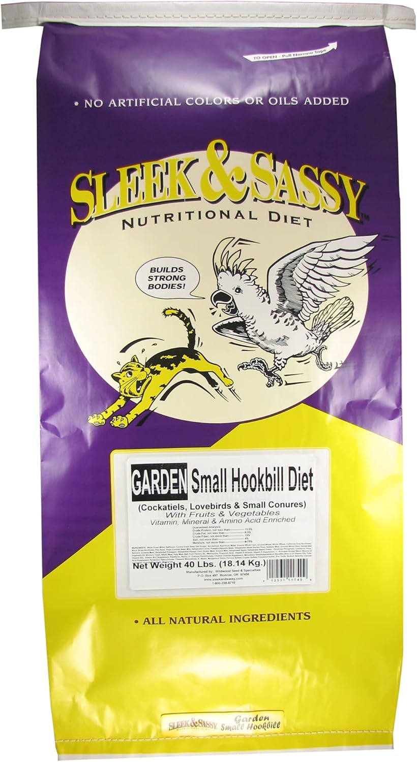 SLEEK & SASSY Garden Small Hookbill Bird Food for Cockatiels, Lovebirds, Quaker Parrots & Small Conures (40 lbs.)