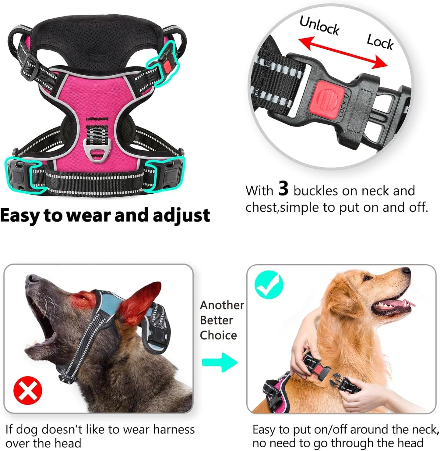Timos No Pull Dog Harness, No Choke Front Lead Dog Reflective Harness, Adjustable Soft Padded Pet Vest with Easy Control Handle for Small Medium Large Dogs, S