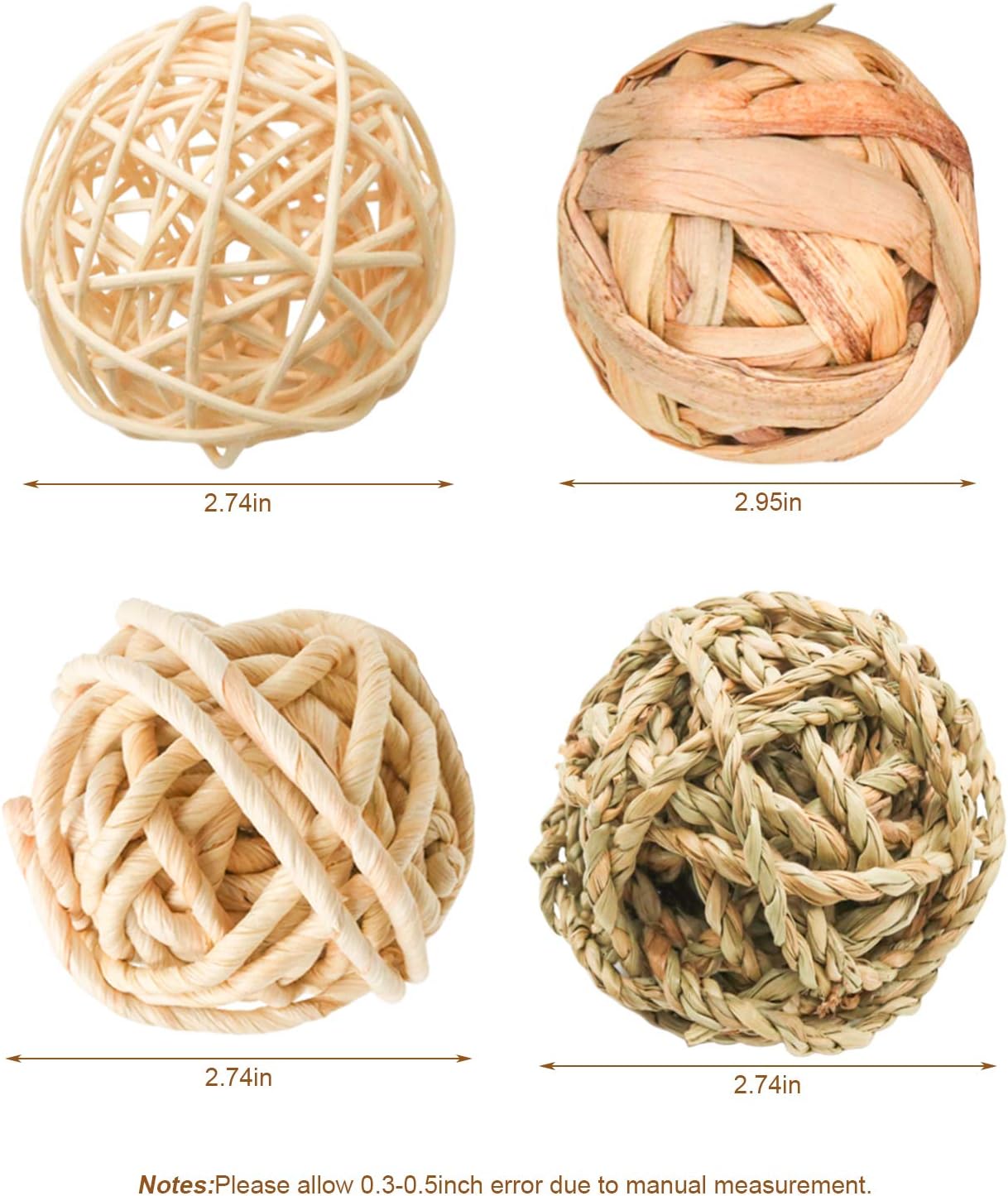 8 Pcs Small Animals Play Balls Rolling Activity Chew Toys Gnawing Treats for Rabbits Guinea Pigs Chinchilla Bunny Natural Balls, Pet Cage Entertainment Accessories (8Pcs)