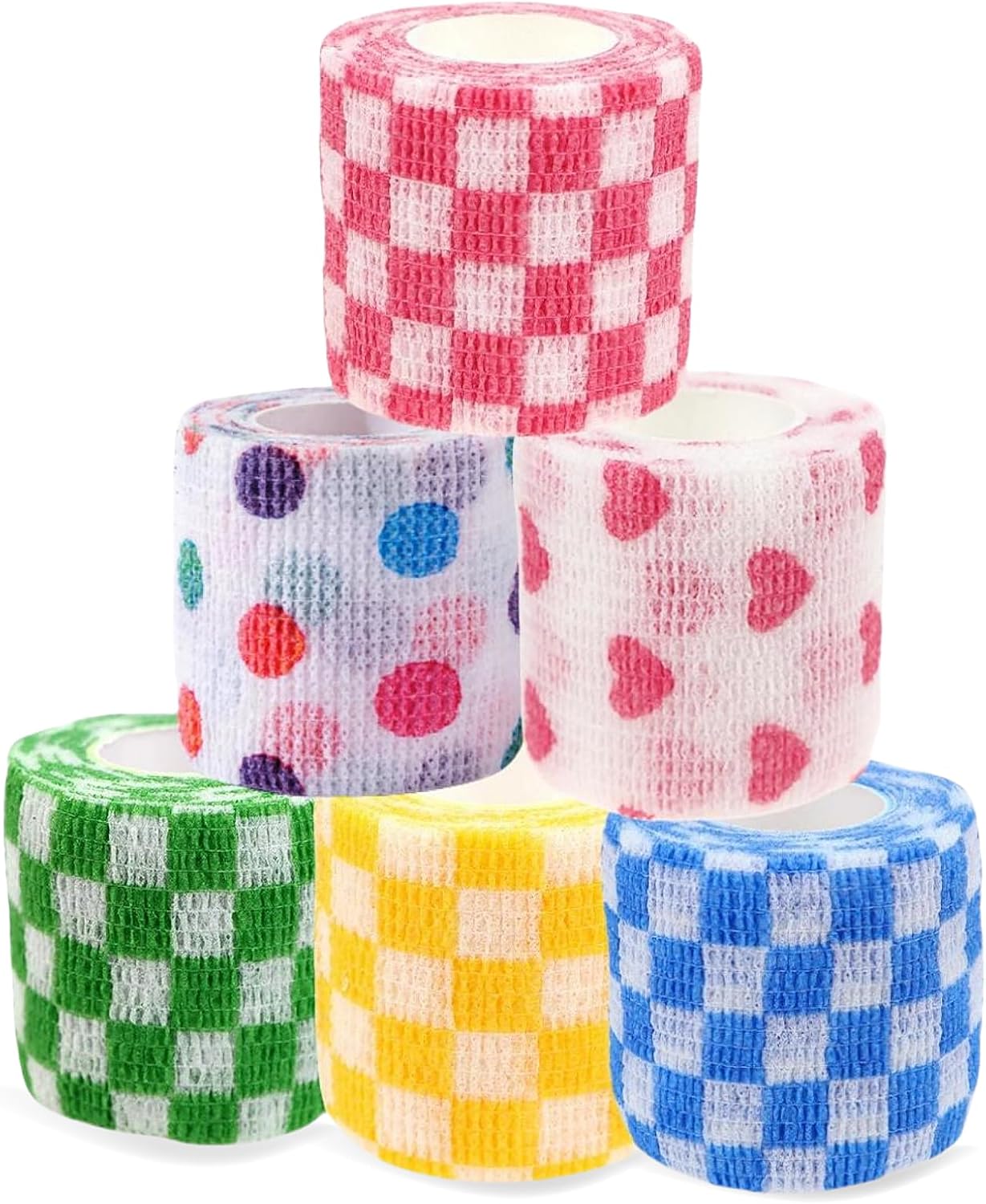 Pet Bandage 6 Rolls, Adhesive Bandage, Self Adhesive Bandage, First Aid Adhesive Gauze, for Horses, Dogs,Cats, Birds, Animals (Checkered, 2 Inch (Pack of 6))
