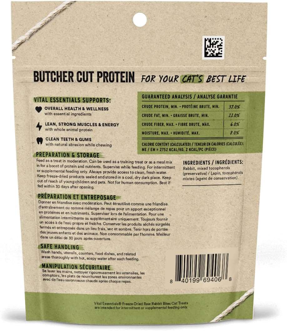 Vital Essentials Rabbit Bites Cat Treats, 0.9 oz | Freeze-Dried Raw | Single Protein | Grain Free, Gluten Free, Filler Free