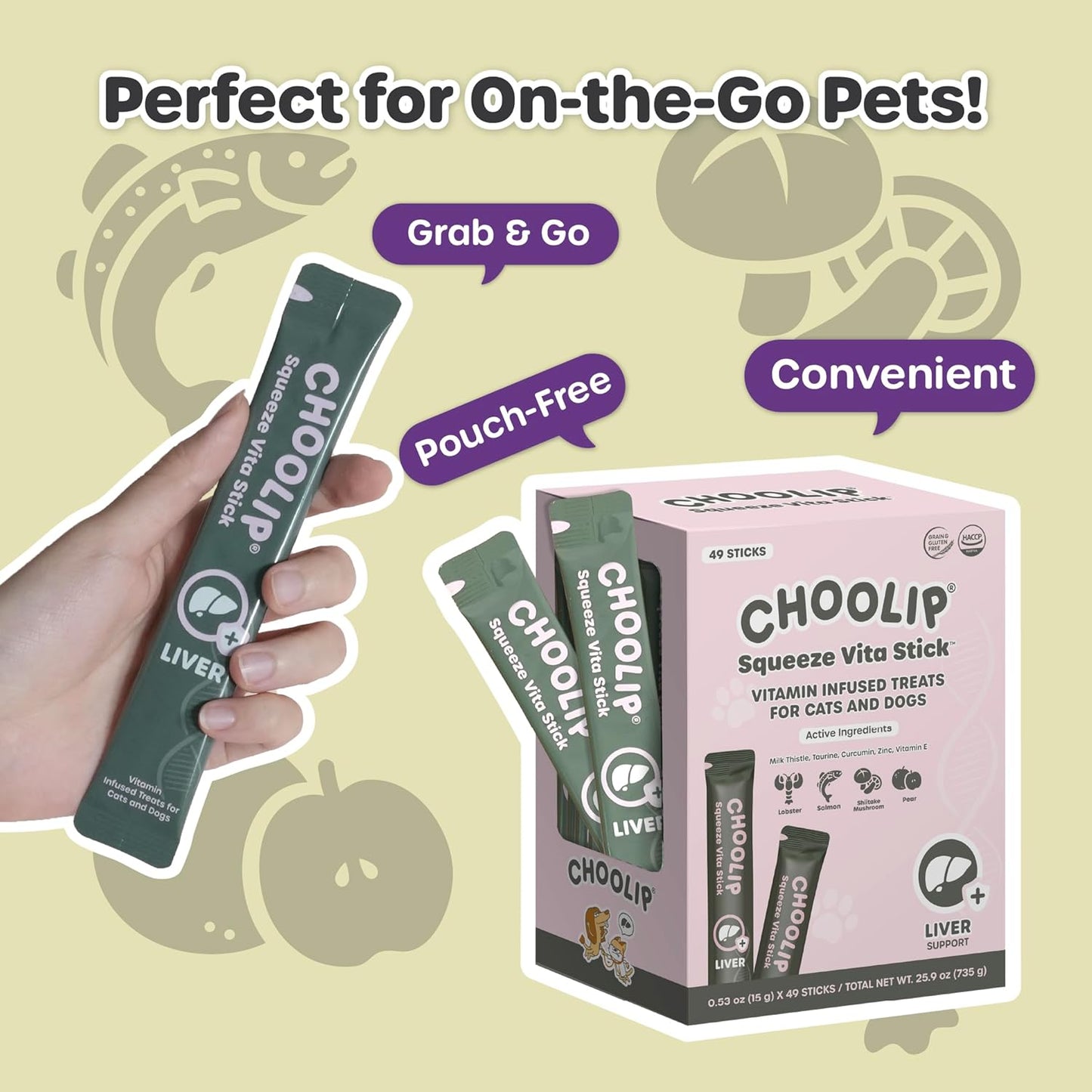 Grab & Go Squeeze Vita Stick Lickable Treats for Dogs & Cats. 49 Liver Support Sticks with Essential multivitamins. Soft and Tasty Paste for All Life Stages, Supporting Liver Health
